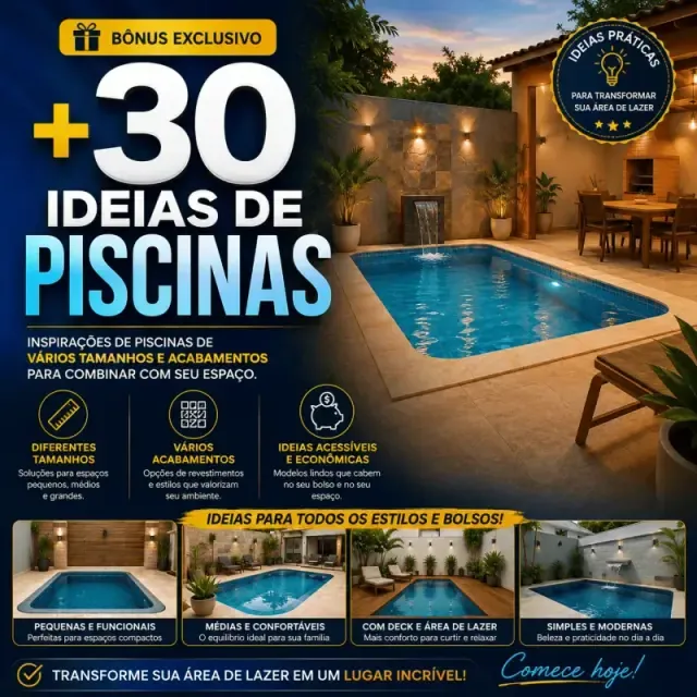 Capa do bônus com ideias de piscinas em diferentes tamanhos e acabamentos