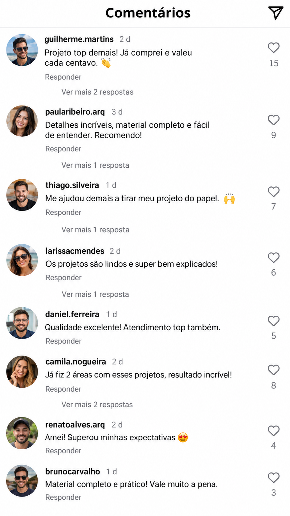 Captura de comentários sobre os projetos de áreas gourmet, com avaliações de oito pessoas