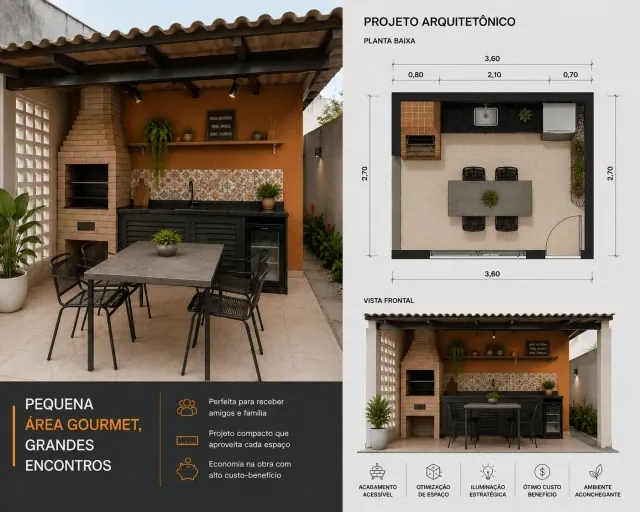 Projeto de área gourmet compacta com churrasqueira, planta baixa e vista frontal