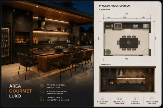 Projeto de área gourmet de luxo com imagem do ambiente, planta baixa e vista frontal