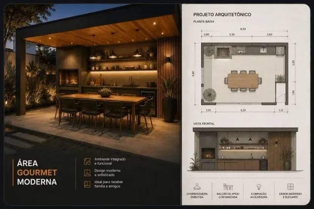Projeto de área gourmet moderna com imagem do ambiente, planta baixa e vista frontal
