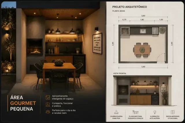 Projeto de área gourmet pequena com imagem do ambiente, planta baixa e vista frontal