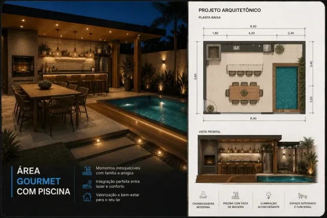 Projeto de área gourmet com piscina, planta baixa e vista frontal