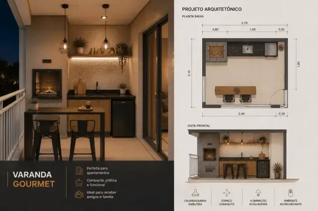 Projeto de varanda gourmet com imagem do ambiente, planta baixa e vista frontal